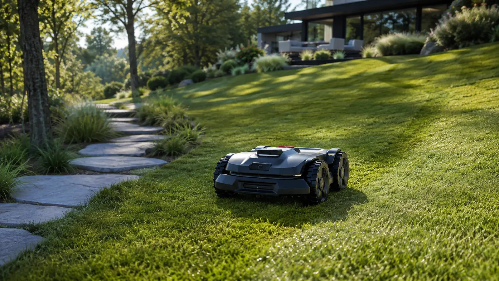 Wire-free robot lawn mower cutting a large green yard for the Navimow X430 deal guide