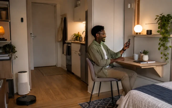 Man using a smartphone in a compact apartment with smart lighting, air purifier, robot vacuum and fold-down desk