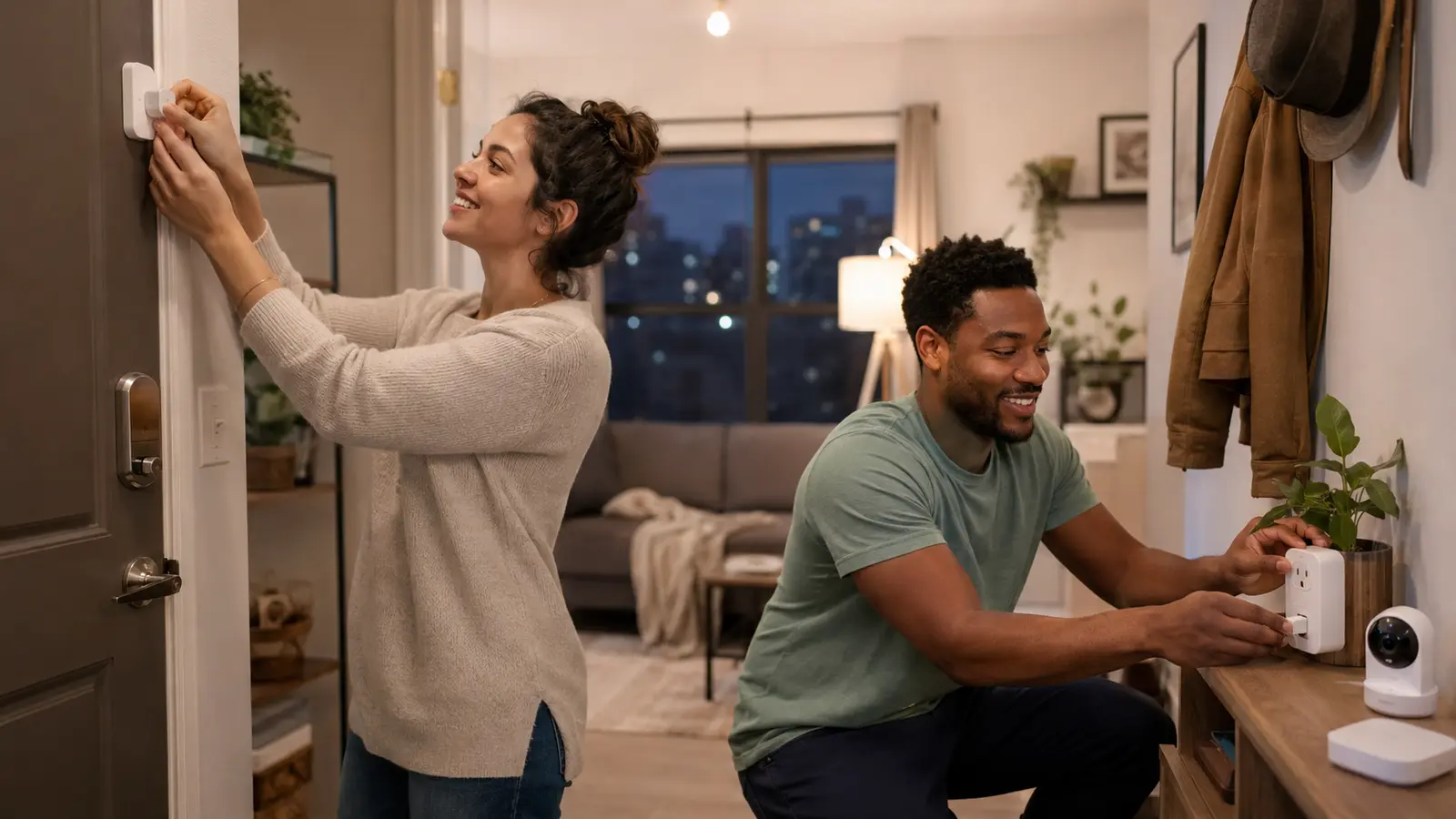 Couple installing removable door sensor and smart plug in a small rental apartment without drilling