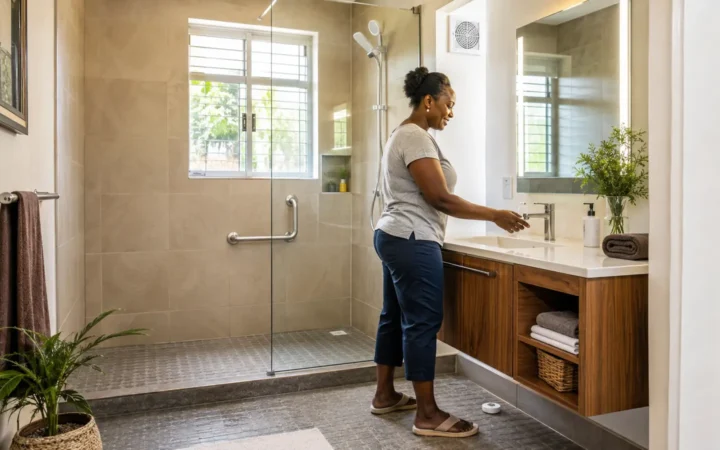 African homeowner in a modern bathroom with walk-in shower, grab bar, non-slip floor, vanity lighting and leak sensor
