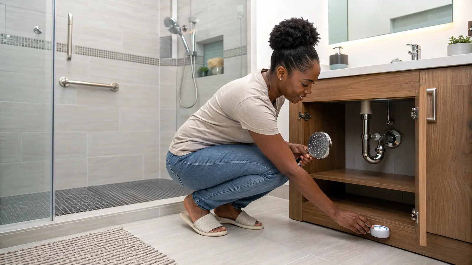 Ghanaian woman checking a small leak sensor beside a vanity while holding a water-efficient showerhead