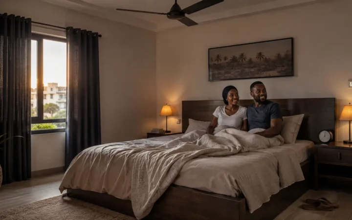 African couple waking in a calm modern bedroom with daylight, blackout curtains, warm bedside lighting and ceiling fan