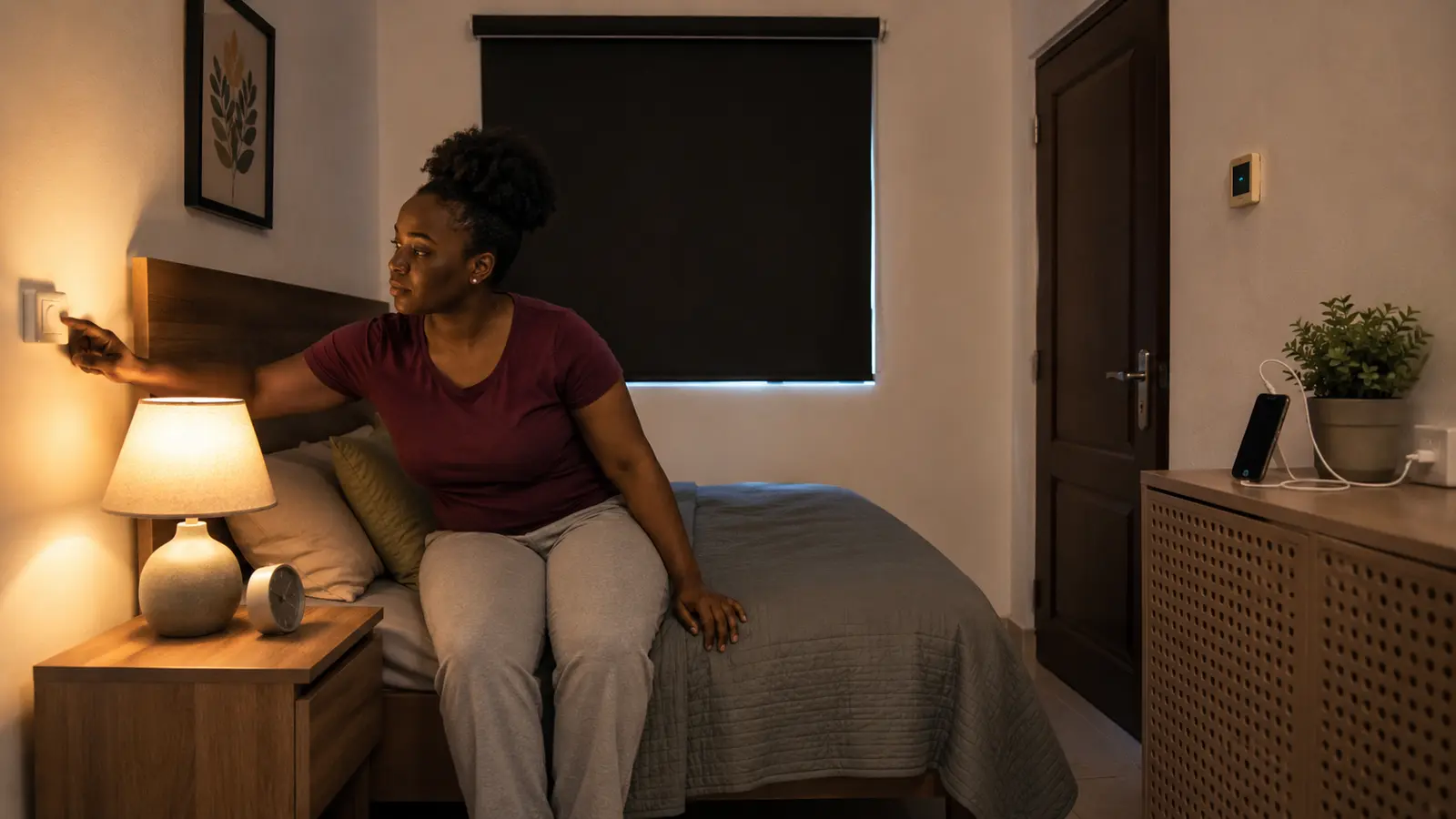 Ghanaian woman setting a bedside button beside a warm lamp, blackout blind and simple alarm clock