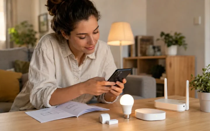 Woman setting up a smart bulb, hub and door sensor with a smartphone in a living room