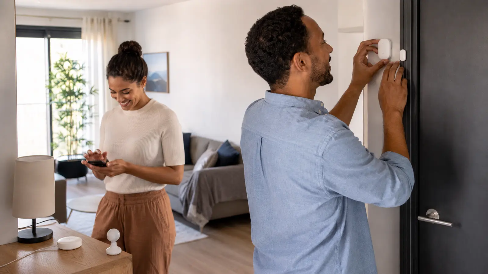 Couple installing a removable smart door sensor and configuring a phone in an apartment