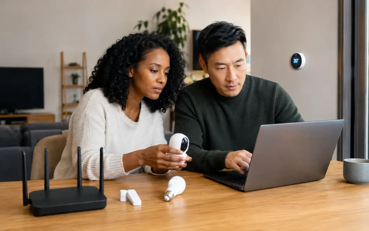 Diverse couple reviewing router settings while organizing smart cameras, sensors and a connected bulb