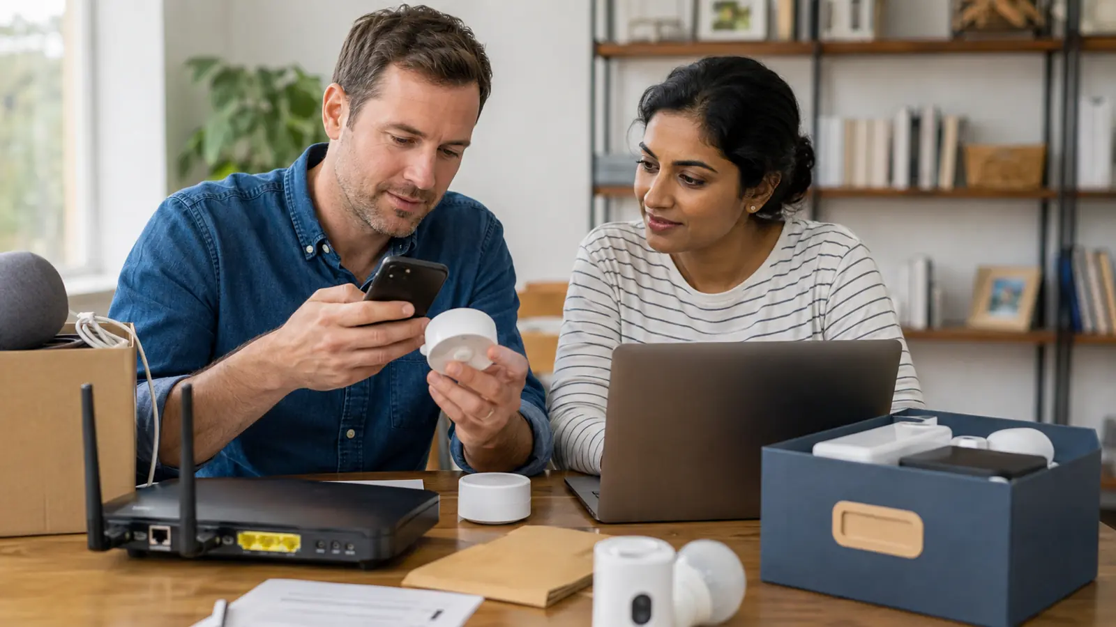 International couple checking a smart sensor beside a router, laptop and box of disconnected devices