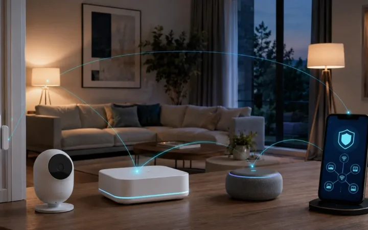 Secure smart home with camera privacy controls, router and protected mobile dashboard