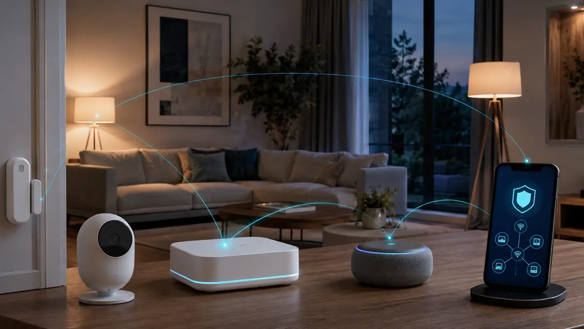 Secure smart home with camera privacy controls, router and protected mobile dashboard