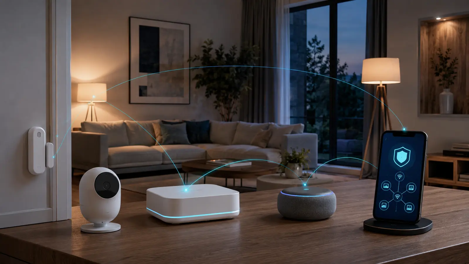 Modern living room with smart camera, speaker, lighting and a secure network interface