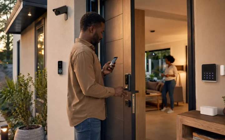 African homeowner testing a smart lock at an entrance with video doorbell, outdoor camera, keypad and sensor