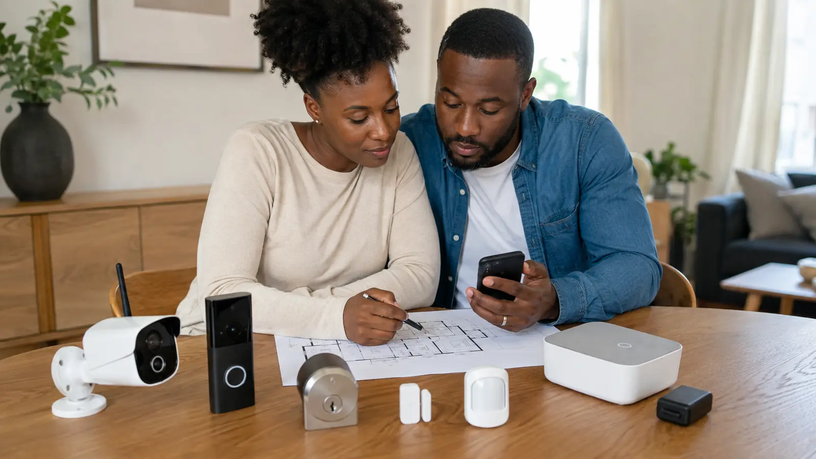 African couple comparing a security camera, video doorbell, smart deadbolt, sensors and hub on a table