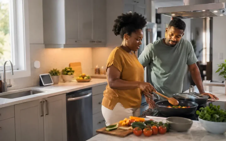 African couple cooking in a modern kitchen with induction cooktop, vent hood, dishwasher and smart display