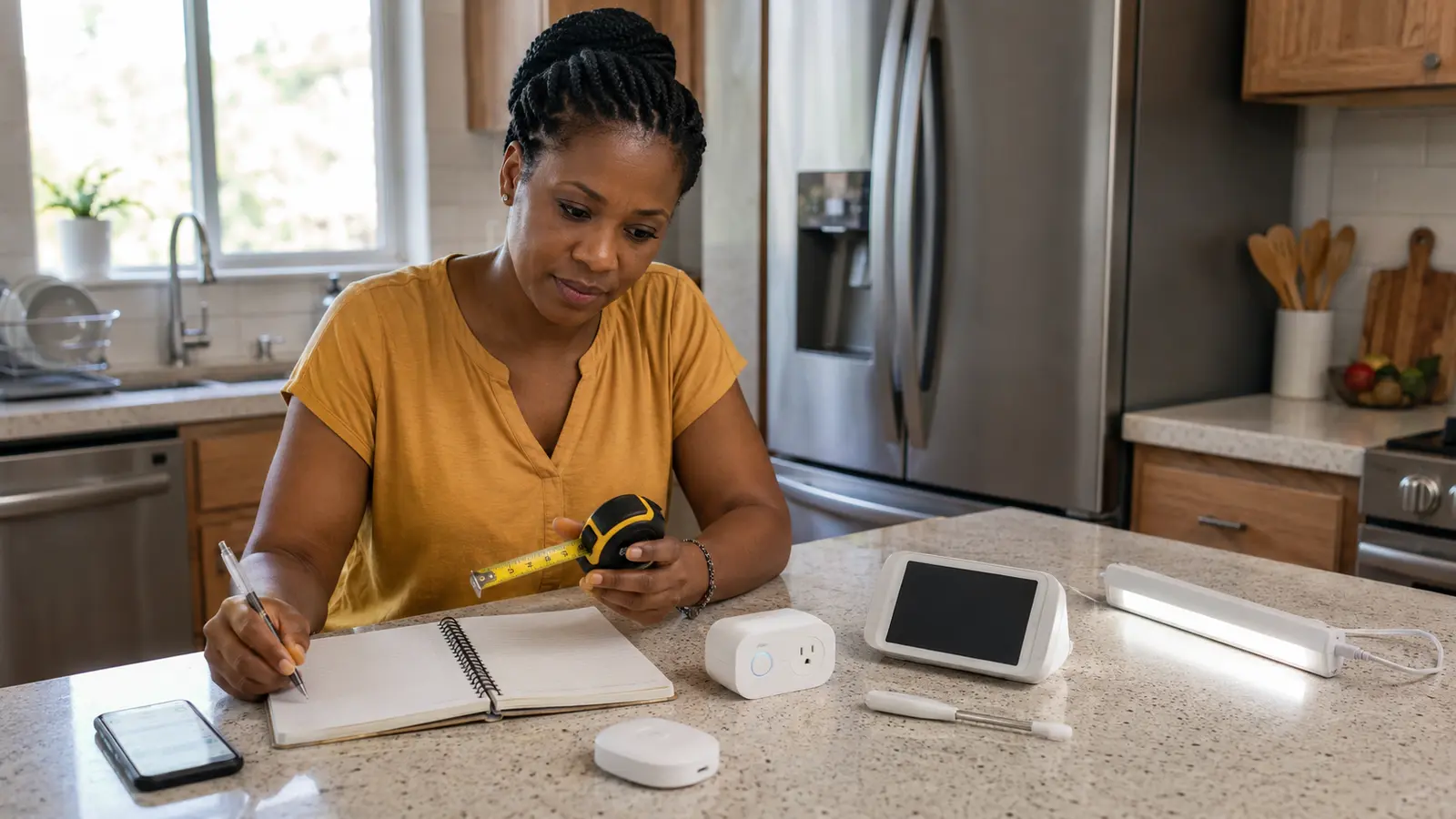 Ghanaian woman comparing a smart plug, leak sensor, temperature probe, display and under-cabinet light