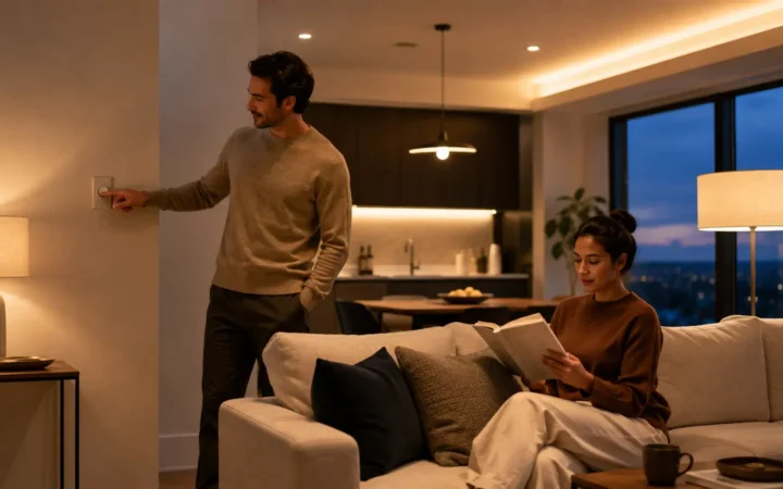 International couple using a physical smart dimmer in a modern living room with layered warm lighting at dusk