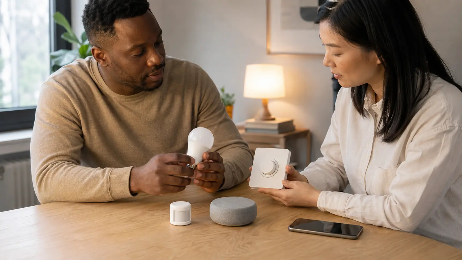 Diverse homeowners comparing a smart LED bulb, wall dimmer, occupancy sensor and home controller