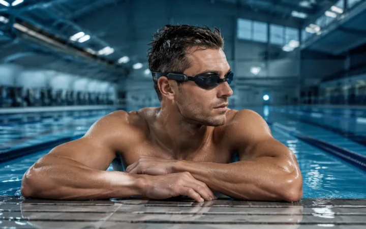 Competitive swimmer wearing low-profile smart goggles at an indoor pool