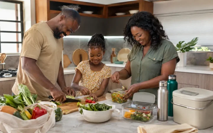 African family preparing food in reusable containers beside refillable bottles, cloth bags and a small countertop food-scrap caddy