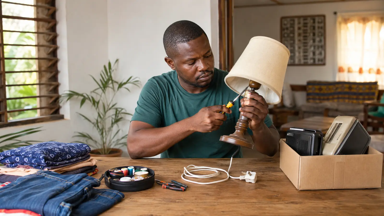 Ghanaian homeowner repairing a table lamp beside neatly folded clothing and a box for responsible electronics recycling