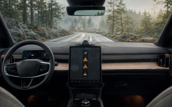 Luxury electric-car interior showing generic deer, cyclist, roadwork and accident warning icons