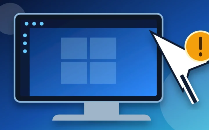 Desktop monitor with taskbars shown at the top and side plus a cursor warning symbol