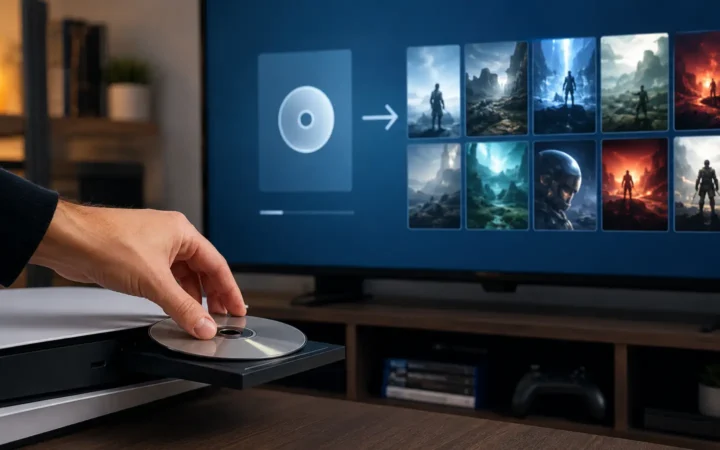 Hand inserting a game disc into a console while a digital game library appears on a television