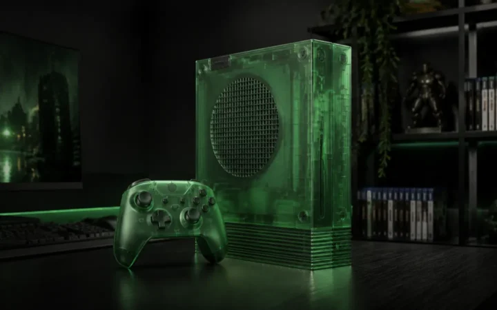 Original translucent green game console and controller in a dark gaming setup