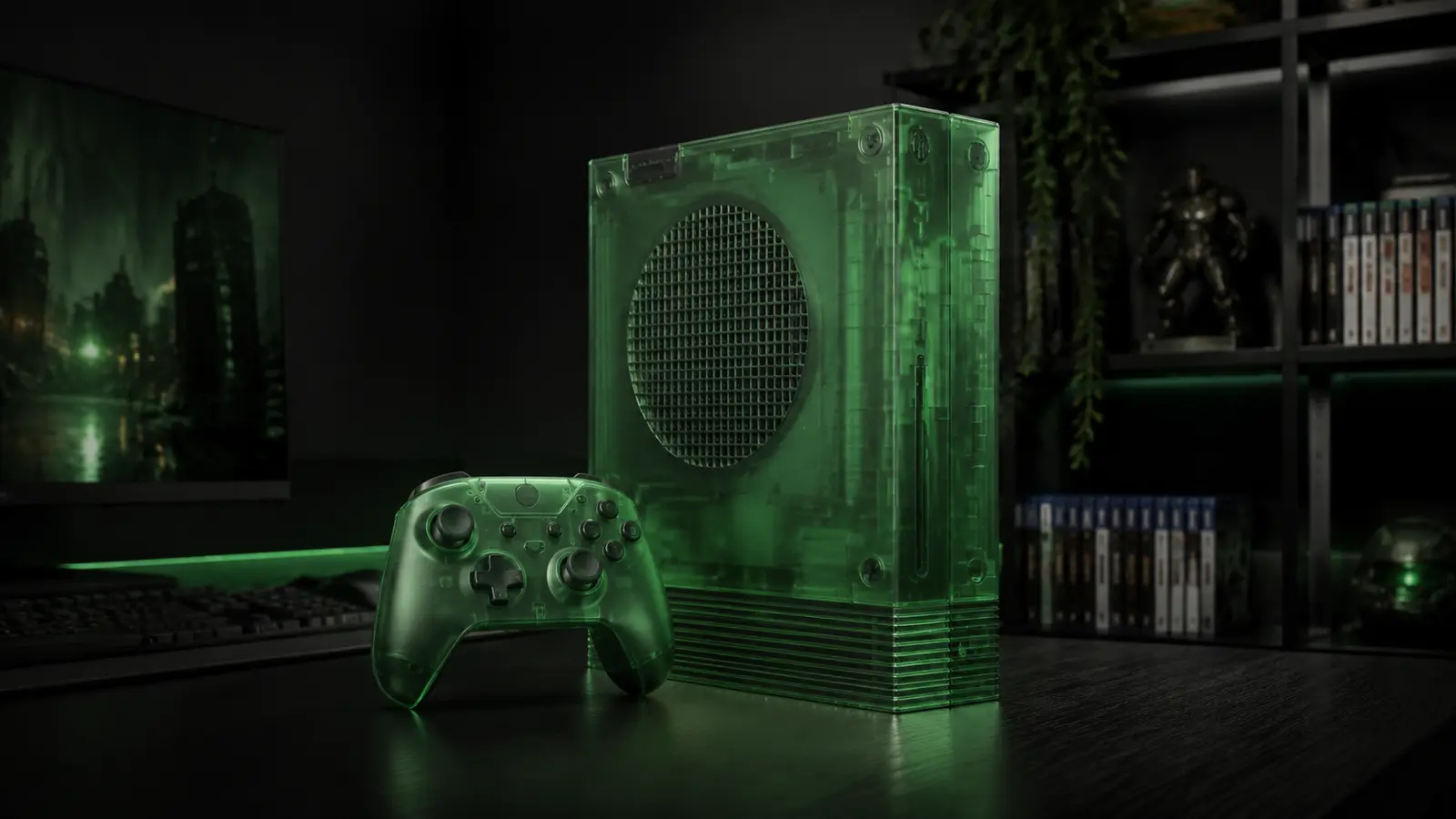 Original translucent green game console and controller in a dark gaming setup