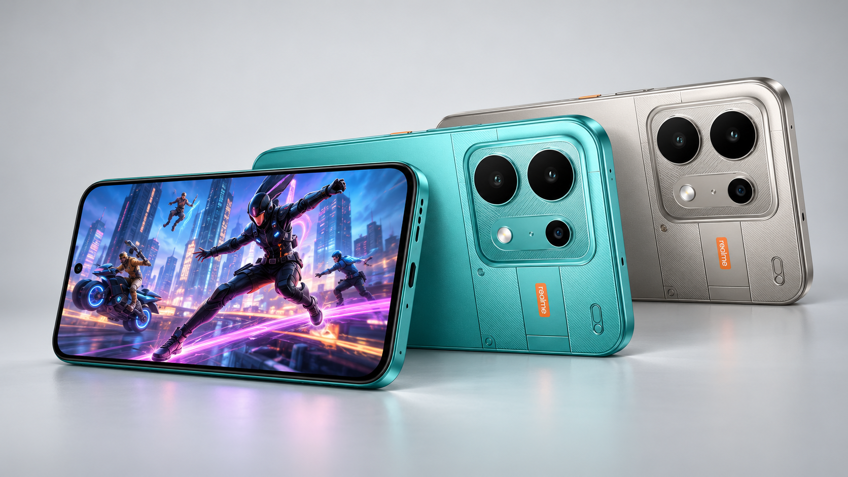 Realme P4s 5G in teal and silver finishes showing the display and rear camera design