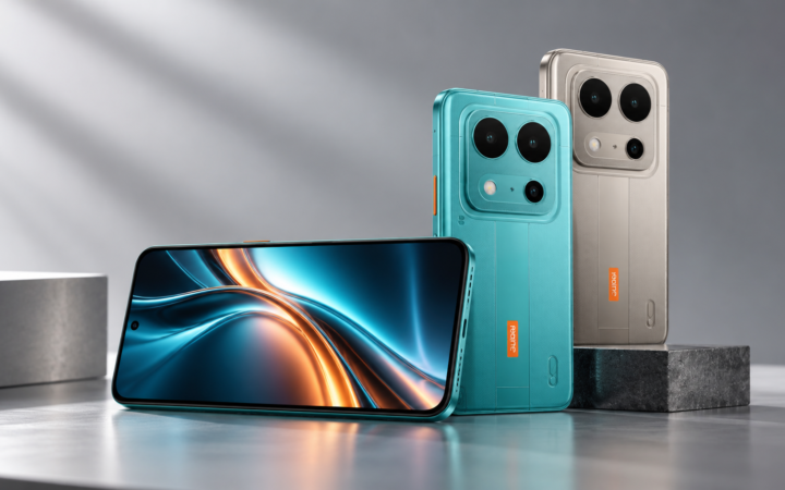 Realme P4s 5G in teal and silver finishes showing the display and rear camera design