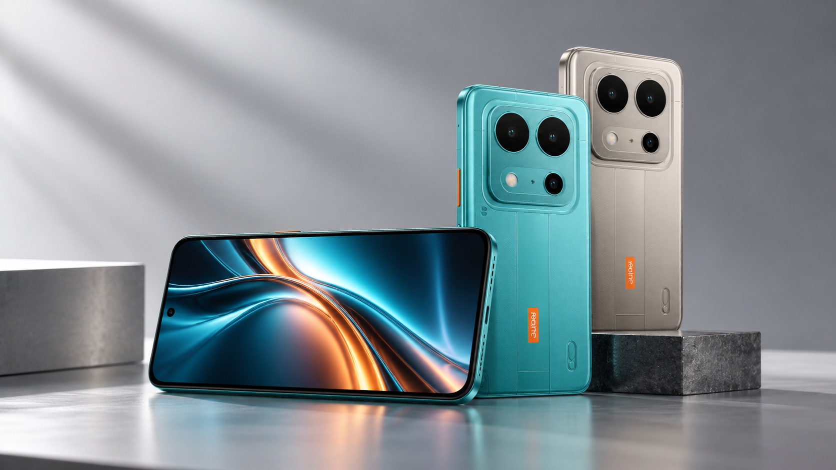 Realme P4s 5G in teal and silver finishes showing the display and rear camera design
