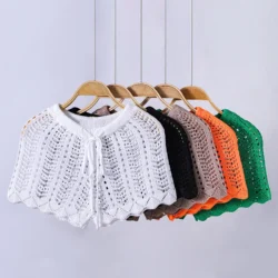 Swim Vacation Beach Plain Color Hollow-Out Knit Cover-Up Shorts, For Summer