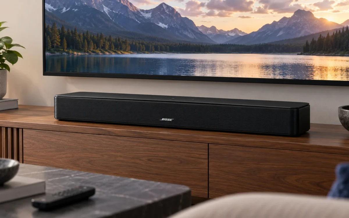 Bose TV Speaker 2nd Gen soundbar beneath a television in a modern living room