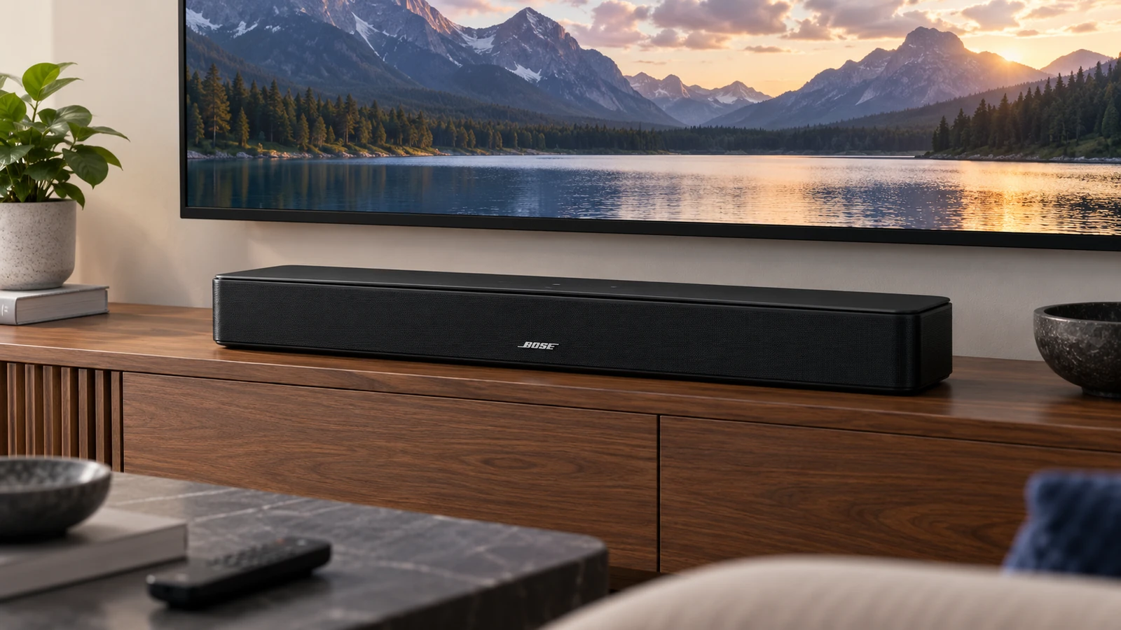 Bose TV Speaker 2nd Gen soundbar beneath a television in a modern living room