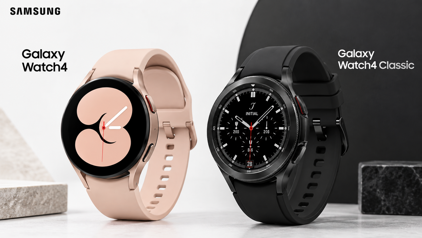 Samsung Galaxy Watch 4 and Galaxy Watch 4 Classic shown side by side in rose gold and black
