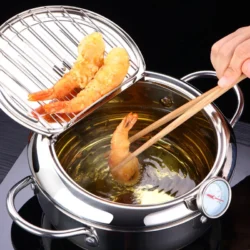 LMETJMA Japanese Deep Frying Pot with a Thermometer and a Lid 304 Stainless Steel…