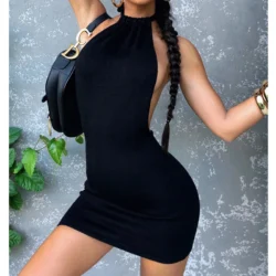Black Bodycon Dress Women Halter Sexy Skinny Hollow Out Backless Mini Dresses Hot…