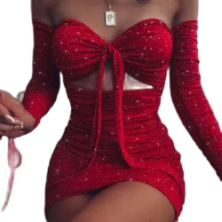 Party Sexy Dress Women Strapless Hollow Out Long Sleeve Summer Dress Solid…