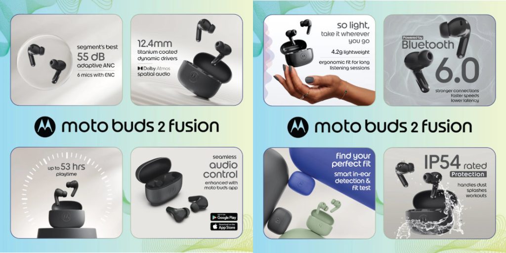 Moto Buds 2 Fusion earbuds shown with their key audio features