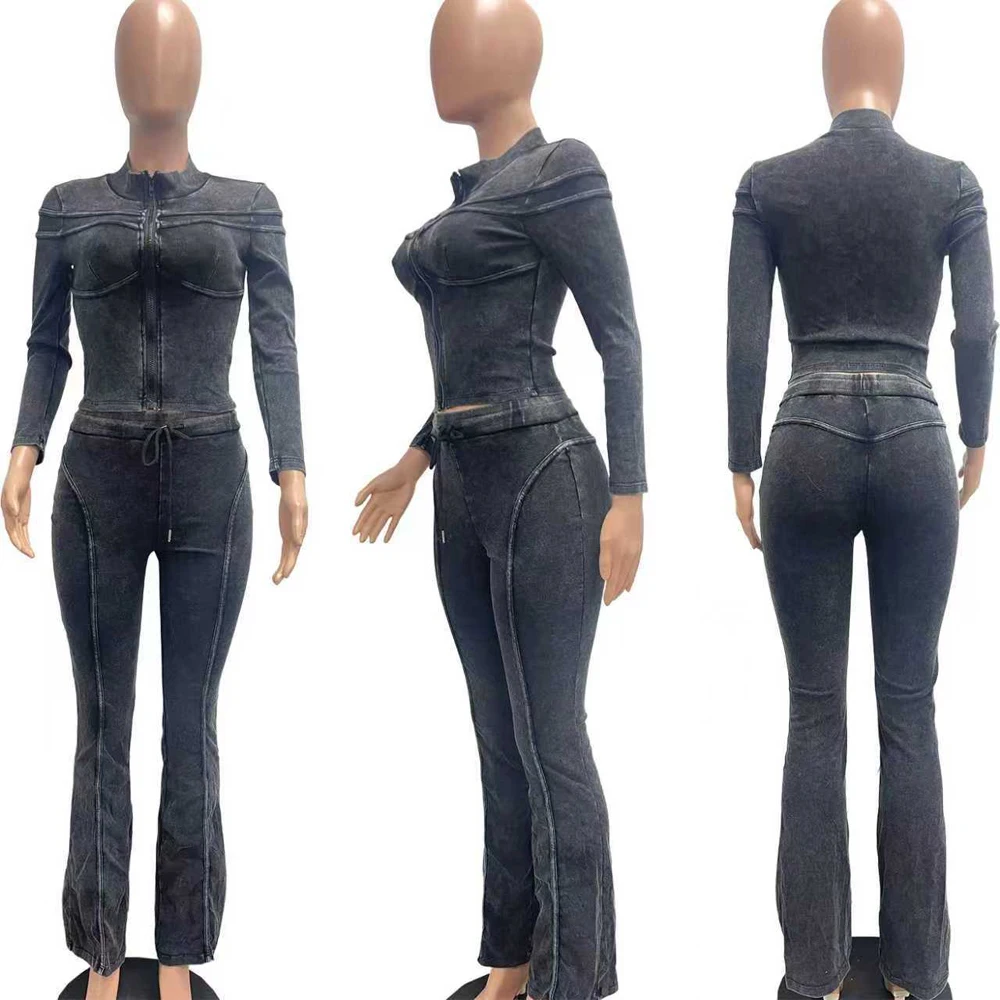 Trends 2026 Women's Sets Acid Washed Long Sleeve Zip Tops and Flare Pants Suit… - Image 5
