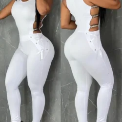 Women Jumpsuit 2023 Summer Fashion Letter Pattern Sleeveless Sexy Ladder Cutout…
