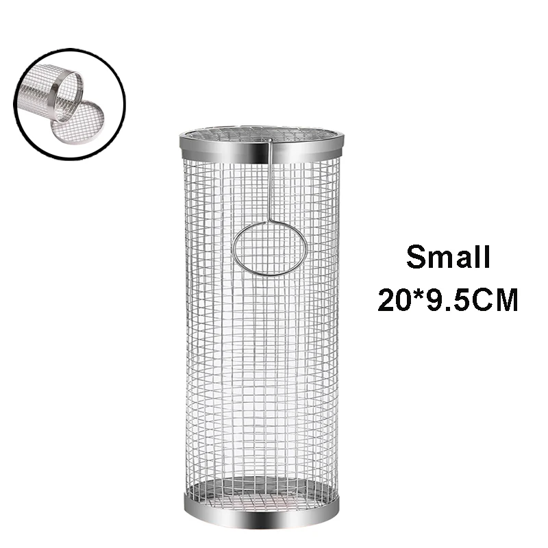 BBQ Basket Stainless Steel Rolling Grilling Basket Wire Mesh Cylinder Grill Basket Portable Round Outdoor Camping Barbecue Rack - Image 9