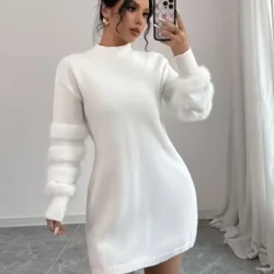 Women's Casual Solid-Color Stand-Collar Loose-Fit Knit Patchwork Dress, Belt Not…