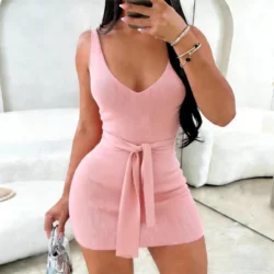 New Summer Women Sexy V-neck Sleeveless Knitted Dress Bodycon Solid Color Sweater…