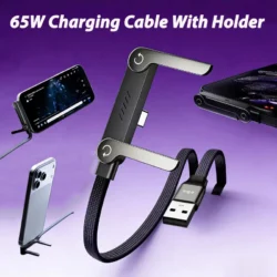 65W USB Fast Charging Cable With Foldable Phone Holder 2-in-1 Type-C Quick Charge…