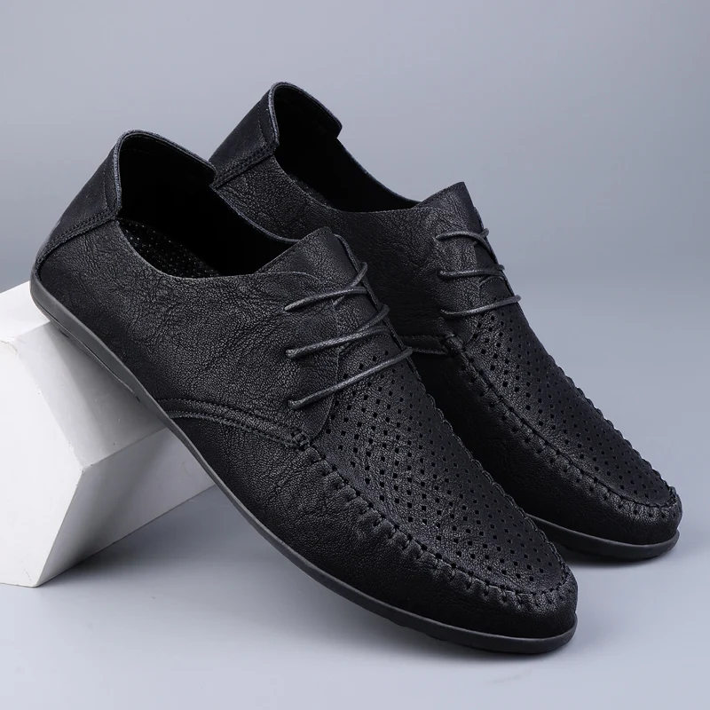 Summer Hollow Out Leather Shoes Men Luxury Italian Men Casual Handmade Moccasins Designer Breathable Boat Shoes Zapatos Hombre - Image 3