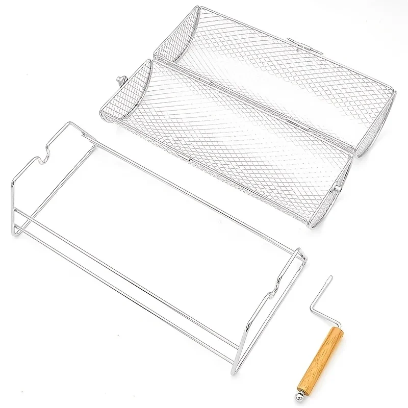 Rolling BBQ Grill Basket Cylinder Rotating 430 Stainless Steel Wooden Handle for… - Image 10