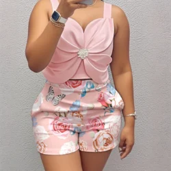 Two Piece Set Women Outfit Fashion 3D Flower Thick Strap Rhinestone Decor Shirred…