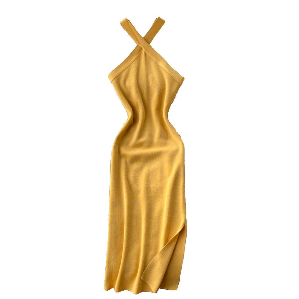 Women's Burgundy Halter Neck Sleeveless Stretchy Knit Bodycon Midi Dress Side Slit… - Image 6