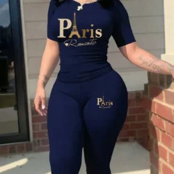 2026 Women's New Paris Printed Two-Piece Set, Casual Short-Sleeved Round Neck…
